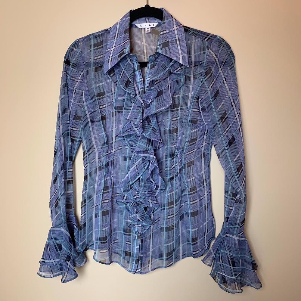CABI Penelope Sheer Plaid Ruffle Blouse